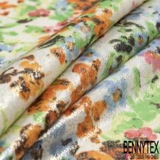 Microfibre woolpeach effet laqué paillette or imprimé petite fleur sauvage multicolore fond blanc discret