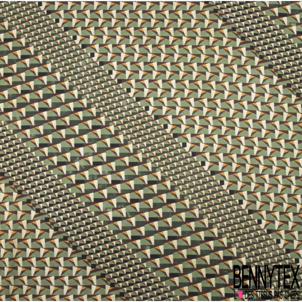 Coupon 3m crêpe polyester satiné petit motif géométrique abstrait ton vert sapin crème anis fond noir