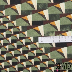 Coupon 3m crêpe polyester satiné petit motif géométrique abstrait ton vert sapin crème anis fond noir