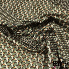 Coupon 3m crêpe polyester satiné petit motif géométrique abstrait ton vert sapin crème anis fond noir