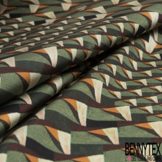 Coupon 3m crêpe polyester satiné petit motif géométrique abstrait ton vert sapin crème anis fond noir