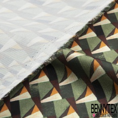 Coupon 3m crêpe polyester satiné petit motif géométrique abstrait ton vert sapin crème anis fond noir