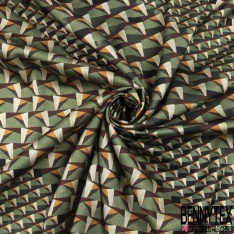 Coupon 3m crêpe polyester satiné petit motif géométrique abstrait ton vert sapin crème anis fond noir
