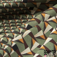 Coupon 3m crêpe polyester satiné petit motif géométrique abstrait ton vert sapin crème anis fond noir