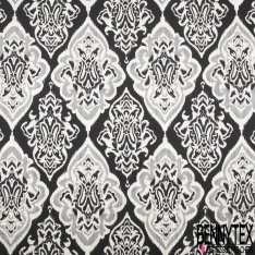 Coupon 3m Satinette polyester imprimé floral japonisant fond gris de vert