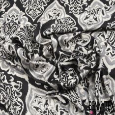Coupon 3m Satinette polyester imprimé floral japonisant fond gris de vert