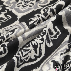 Coupon 3m Satinette polyester imprimé floral japonisant fond gris de vert