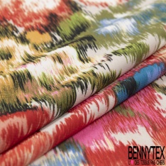 Coupon 3m Crêpe polyester imprimé floral naïf champêtre multicolore fond blanc optique