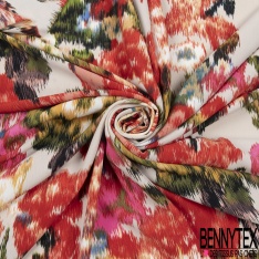 Coupon 3m Crêpe polyester imprimé floral naïf champêtre multicolore fond blanc optique
