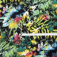 Coupon 3m Crêpe polyester imprimé amérindien floral striée fond noir