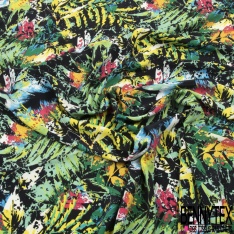 Coupon 3m Crêpe polyester imprimé amérindien floral striée fond noir