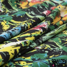 Coupon 3m Crêpe polyester imprimé amérindien floral striée fond noir