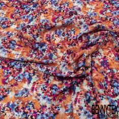 Coupon 3m Crêpe polyester élasthanne imprimé tulipe naïve stylisé ton bleu olive cappuccino