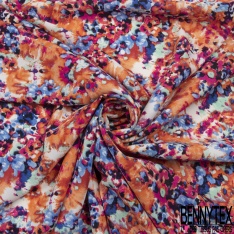Coupon 3m Crêpe polyester élasthanne imprimé tulipe naïve stylisé ton bleu olive cappuccino