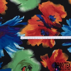 Coupon 3m Crêpe polyester imprimé grande fleur multicolore aquarelle fond noir
