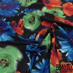Coupon 3m Crêpe polyester imprimé grande fleur multicolore aquarelle fond noir