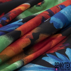Coupon 3m Crêpe polyester imprimé grande fleur multicolore aquarelle fond noir