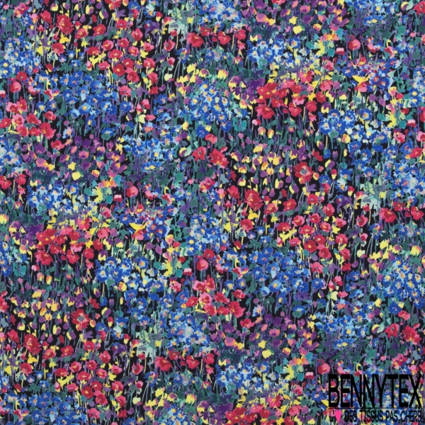 Coupon 3m crêpe polyester satiné petit motif floral stylisé ton jade bleu charron fushia mandarin fond noir