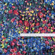 Coupon 3m crêpe polyester satiné petit motif floral stylisé ton jade bleu charron fushia mandarin fond noir