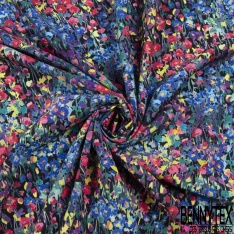 Coupon 3m crêpe polyester satiné petit motif floral stylisé ton jade bleu charron fushia mandarin fond noir
