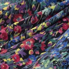 Coupon 3m crêpe polyester satiné petit motif floral stylisé ton jade bleu charron fushia mandarin fond noir
