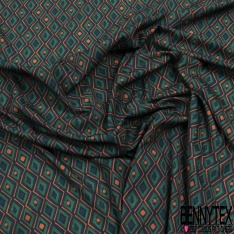 Coupon 3m Crêpe polyester élasthanne imprimé petit losange gazon orange pétrole noir