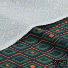 Coupon 3m Crêpe polyester élasthanne imprimé petit losange gazon orange pétrole noir
