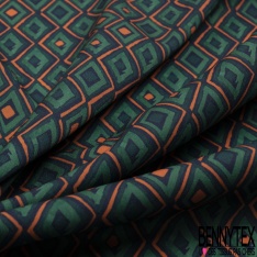 Coupon 3m Crêpe polyester élasthanne imprimé petit losange gazon orange pétrole noir