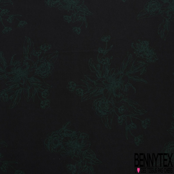 Coupon 3m Microfibre woolpeach imprimé fleur sauvage sur tige verte fond noir