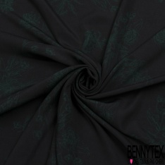 Coupon 3m Microfibre woolpeach imprimé fleur sauvage sur tige verte fond noir