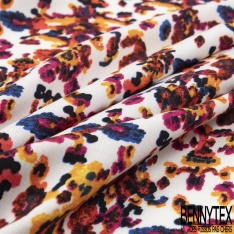 Fibranne viscose crépon imprimé cachemire blanc cassé fond charbon bleuté fine rayure lurex argent verticale