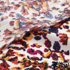 Fibranne viscose crépon imprimé cachemire blanc cassé fond charbon bleuté fine rayure lurex argent verticale