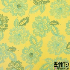 Coupon 3m crêpe polyester satiné grande fleur tropicale stylisée fushia fond vert impérial