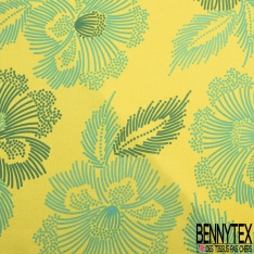 Coupon 3m crêpe polyester satiné grande fleur tropicale stylisée fushia fond vert impérial