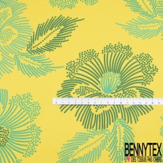 Coupon 3m crêpe polyester satiné grande fleur tropicale stylisée fushia fond vert impérial
