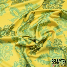 Coupon 3m crêpe polyester satiné grande fleur tropicale stylisée fushia fond vert impérial