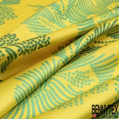 Coupon 3m crêpe polyester satiné grande fleur tropicale stylisée fushia fond vert impérial