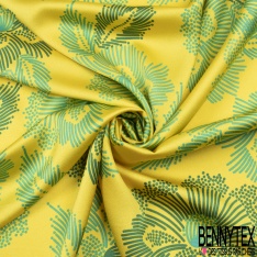 Coupon 3m crêpe polyester satiné grande fleur tropicale stylisée fushia fond vert impérial