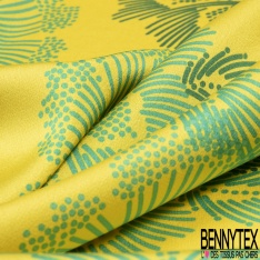 Coupon 3m crêpe polyester satiné grande fleur tropicale stylisée fushia fond vert impérial