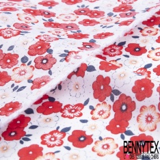 Voile de coton suisse imprimé floral champêtre fond blanc plumetis navy