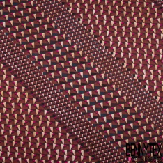 Coupon 3m crêpe polyester satiné motif triangle imbriqué en biais ton vieilli or de pépite anthracite crème choco