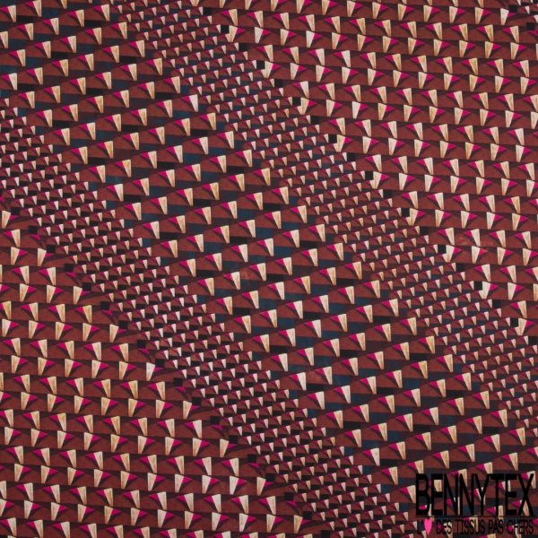 Coupon 3m crêpe polyester satiné motif triangle imbriqué en biais ton vieilli or de pépite anthracite crème choco