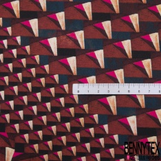 Coupon 3m crêpe polyester satiné motif triangle imbriqué en biais ton vieilli or de pépite anthracite crème choco
