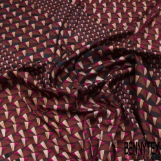 Coupon 3m crêpe polyester satiné motif triangle imbriqué en biais ton vieilli or de pépite anthracite crème choco