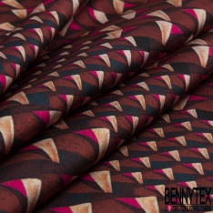 Coupon 3m crêpe polyester satiné motif triangle imbriqué en biais ton vieilli or de pépite anthracite crème choco