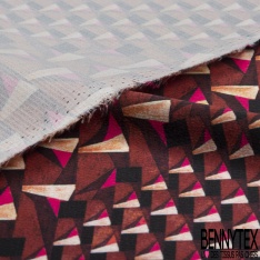 Coupon 3m crêpe polyester satiné motif triangle imbriqué en biais ton vieilli or de pépite anthracite crème choco