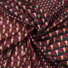 Coupon 3m crêpe polyester satiné motif triangle imbriqué en biais ton vieilli or de pépite anthracite crème choco