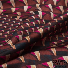 Coupon 3m crêpe polyester satiné motif triangle imbriqué en biais ton vieilli or de pépite anthracite crème choco