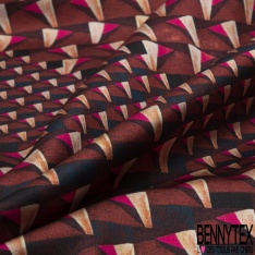 Coupon 3m crêpe polyester satiné motif triangle imbriqué en biais ton vieilli or de pépite anthracite crème choco